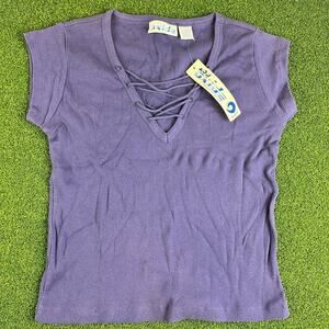 Vintage Y2K NWT Oxide Purple Ribbed Lace Up V Neck Cap Sleeve Top Sz L